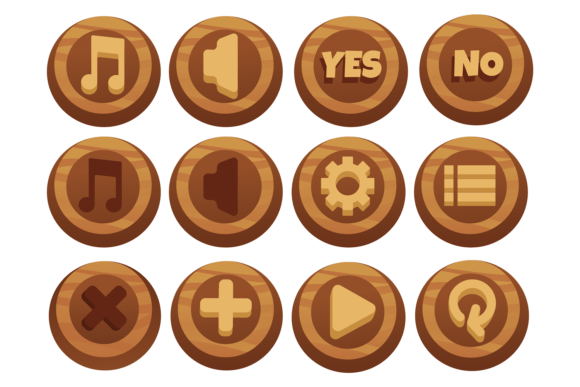 Wooden Button Game Menu Set: Cartoon UI for Creative Projects